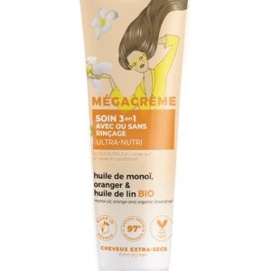 MÉGACRÈME Soin 3-en-1 Ultra-Nutri – Huile de Monoï, Orange & Huile de Lin BIO