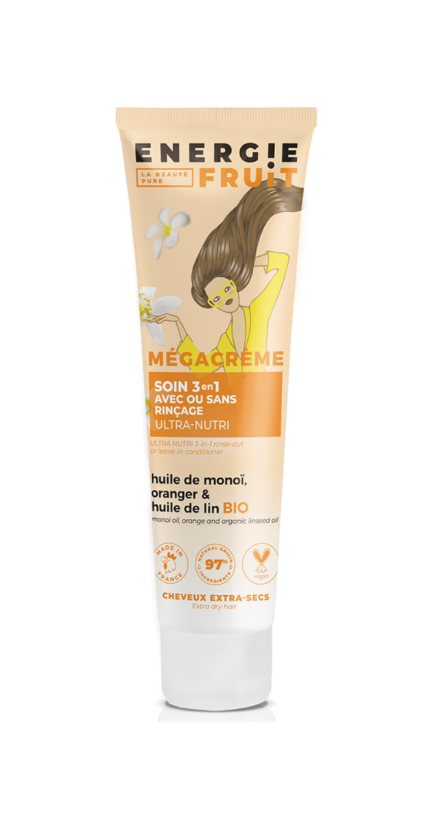 MÉGACRÈME Soin 3-en-1 Ultra-Nutri – Huile de Monoï, Orange & Huile de Lin BIO